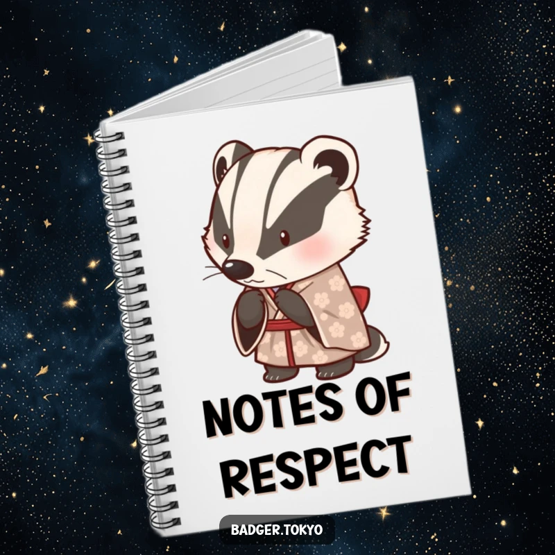 Funny notebook with a cute badger in a patterned kimono, bowing politely, perfect for jotting down humorous thoughts and notes.