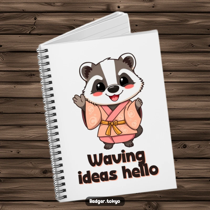 Funny Happy Badger Kimono Notebook, badger waving friendly, cheerful, journaling, creative, perfect funny gift.
