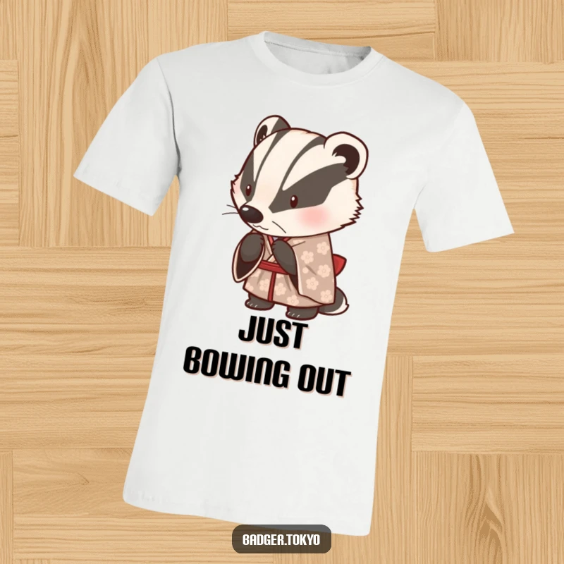 Funny t-shirt with a cute badger in a patterned kimono, bowing politely, showcasing a humorous and graceful character.