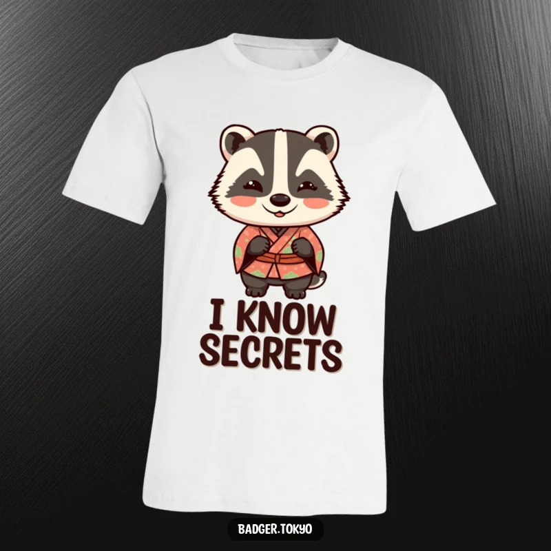 Funny Kawaii badger in a patterned kimono winking playfully, a mischievous and humorous t-shirt design.