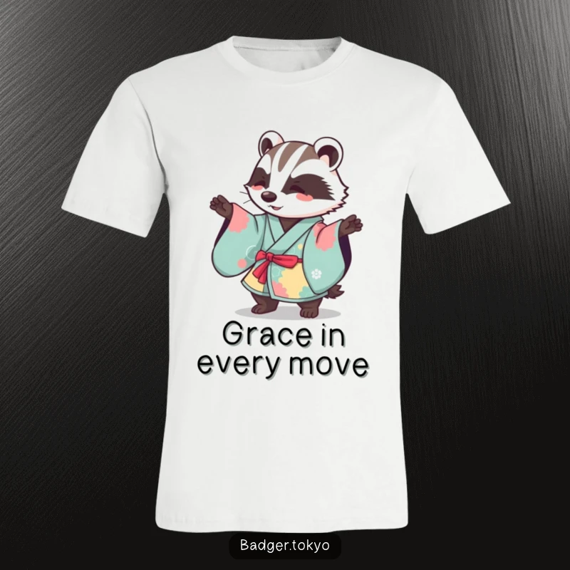 Funny Kawaii badger in a vibrant kimono gracefully sweeping with a broom, capturing a delightful and humorous moment.