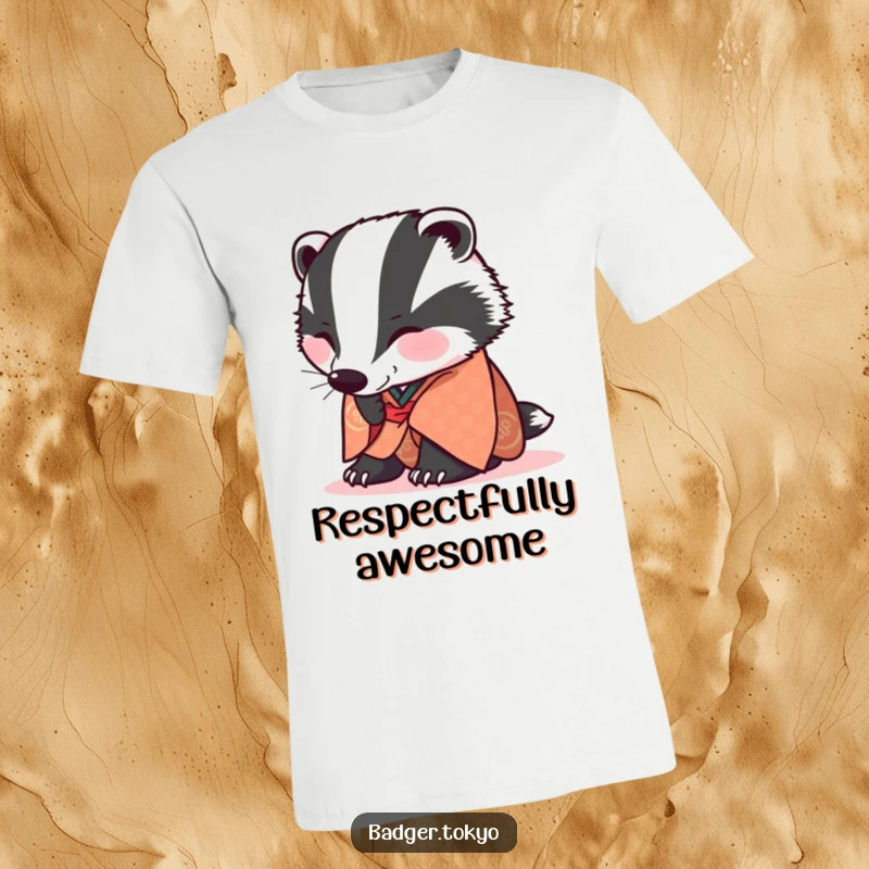 Funny T-Shirt: A badger in a patterned kimono joyfully bows respectfully.