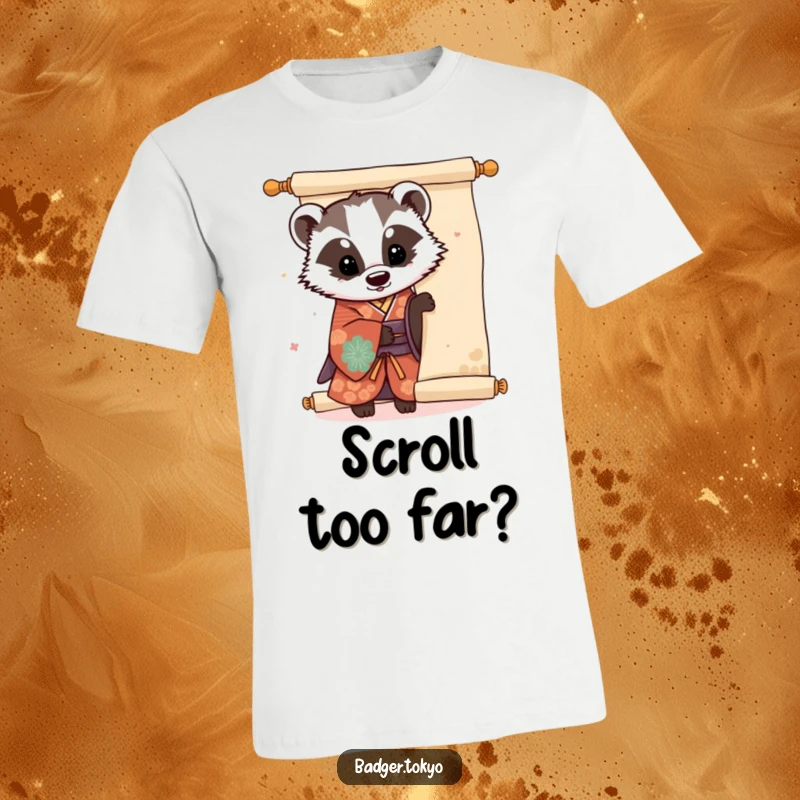 Funny Kawaii badger wearing a colorful kimono, playfully peeking out from behind a large scroll in a humorous surprise.