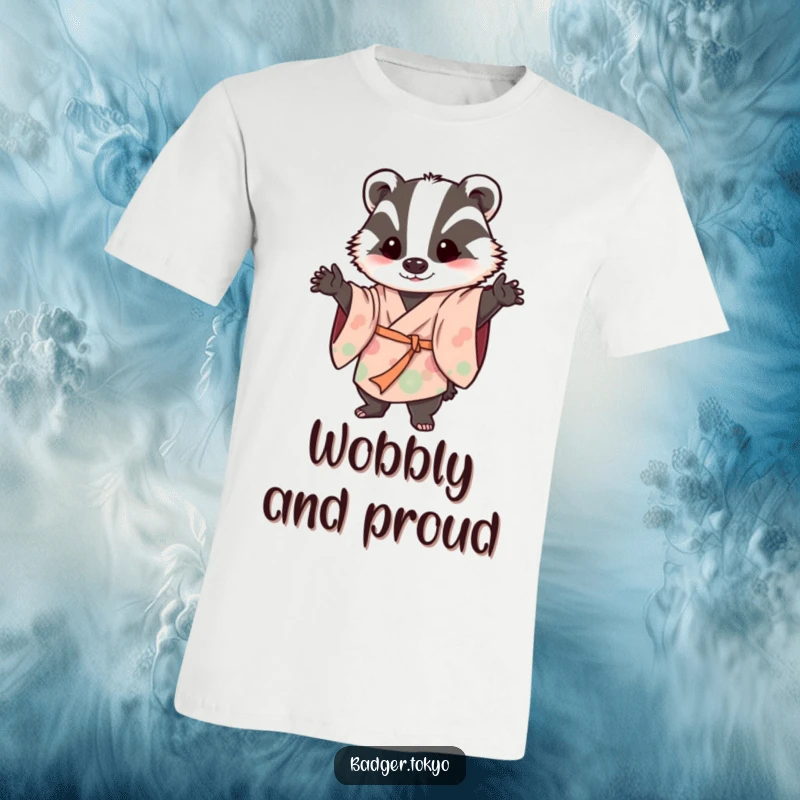 Funny t-shirt with a badger in a flowing kimono striking a playful, wobbly pose, showcasing a humorous and energetic character.