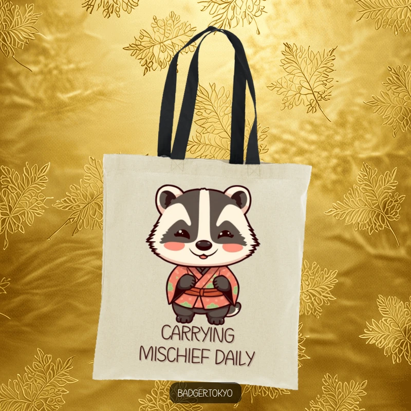 Funny Kawaii badger in a patterned kimono winking playfully, a mischievous and humorous tote bag.