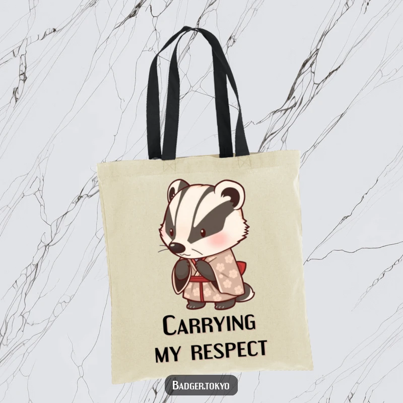 Funny tote bag with a cute badger in a patterned kimono, bowing politely, ideal for carrying items with humorous elegance.