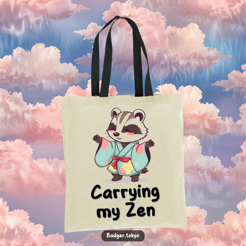 Funny Kawaii badger in a vibrant kimono performing a gentle sweeping motion, a stylish and humorous tote bag.