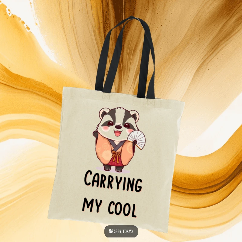 Funny Tote Bag: A vibrant badger in a kimono cheerfully holds a fan, ready for any outing.