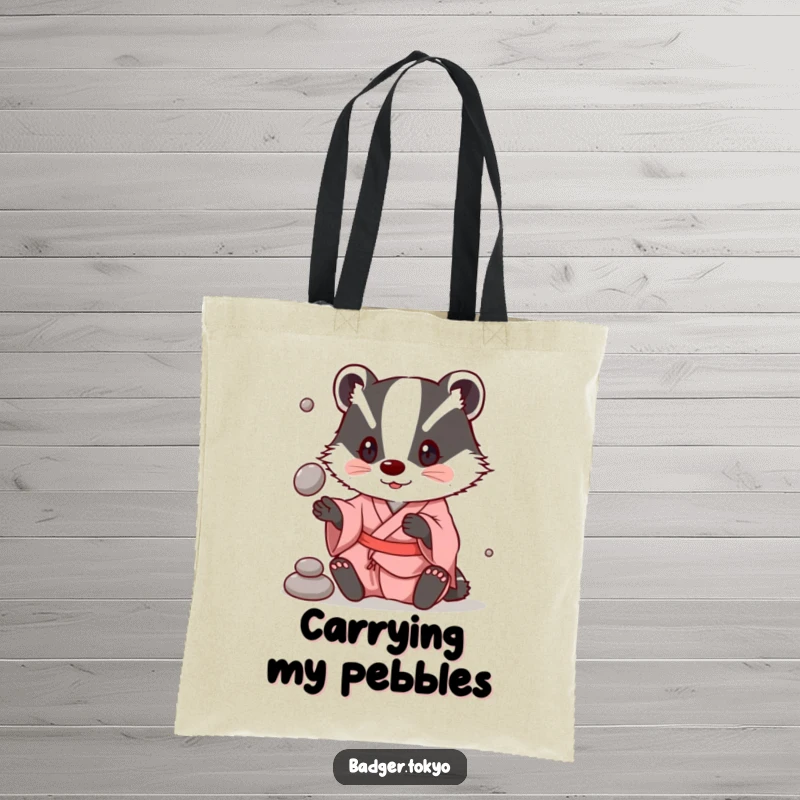 Funny Tote Bag: A badger in a simple kimono playfully juggles stones, ready for your items.
