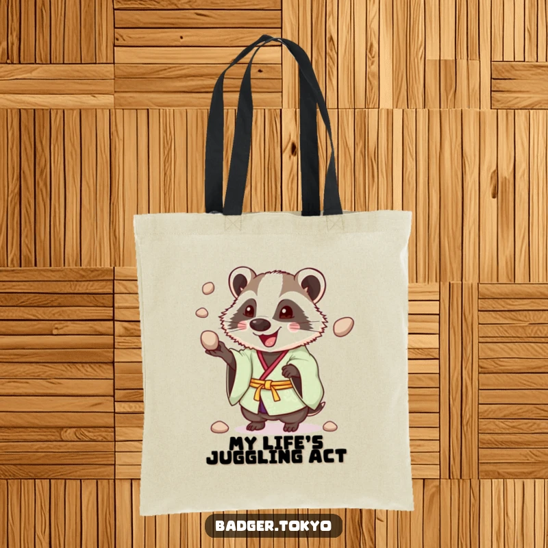 Funny Juggling Badger Kimono Tote Bag, badger enthusiastically juggling pebbles, cheerful, practical, fun, perfect funny gift.