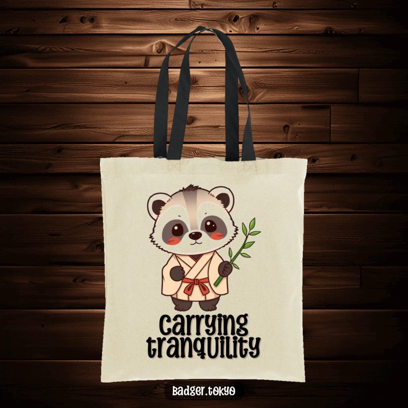 Funny Kawaii badger in a simple kimono holding a single bamboo stalk, a humorous and practical tote bag.