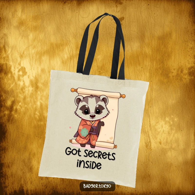 Funny Kawaii badger in a colorful kimono peeking playfully from behind a large scroll, a cute and humorous tote bag design.